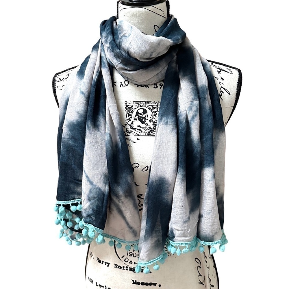 Gypsy 05 Tie Dye Scarf Pom Pom Tassel Rayon Wrap Boho Mint Blue Cream NWT
